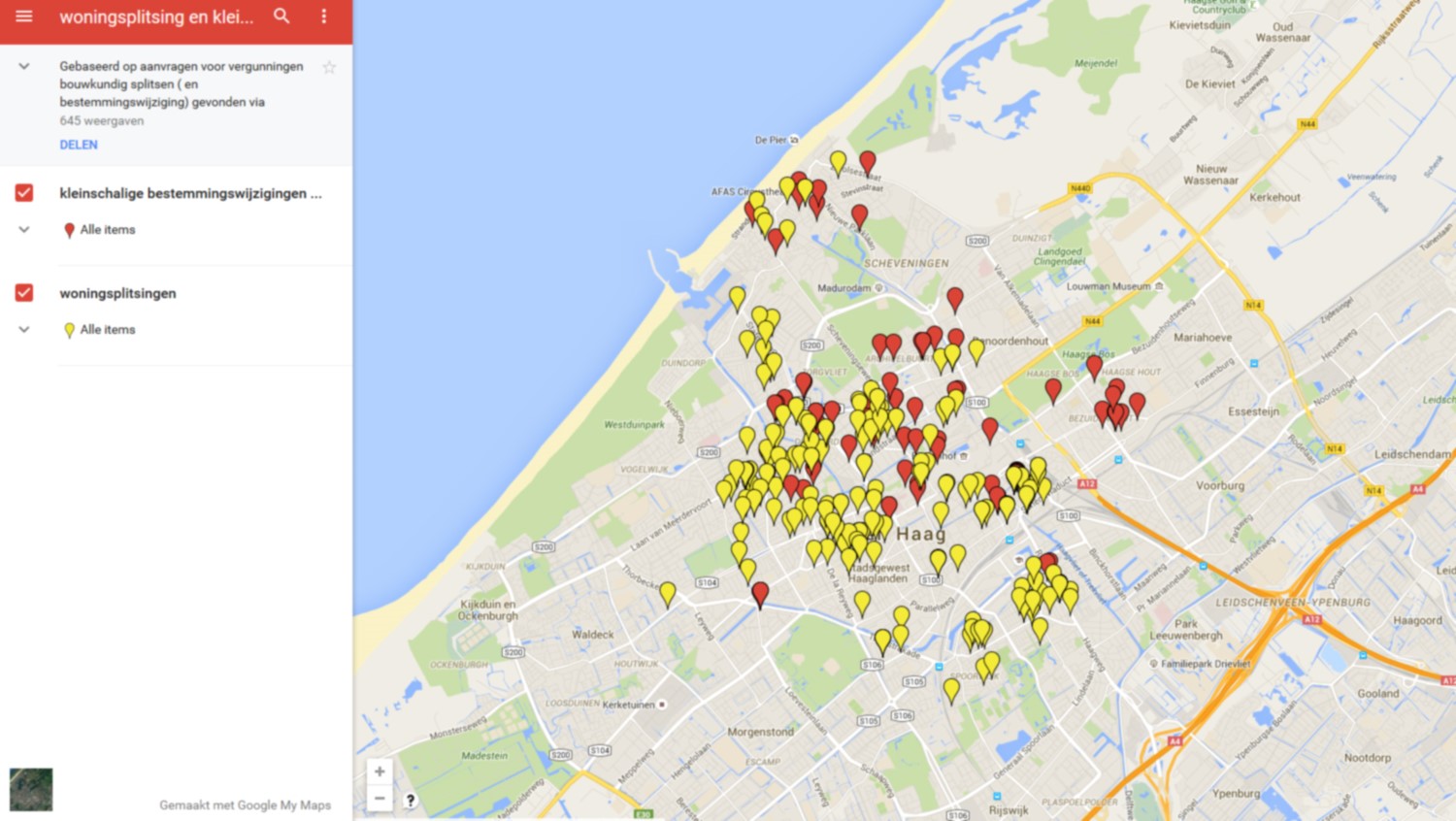 Kaart met aantal gesplitste woningen