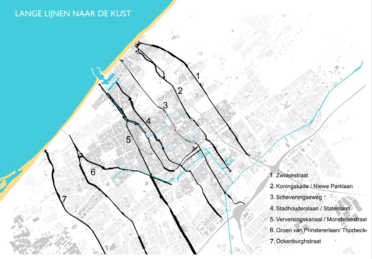 kaart met routes naar zee in Den Haag